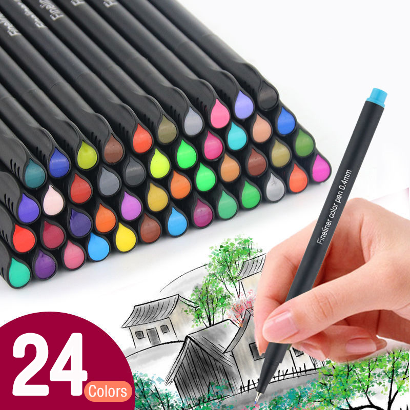 24 색/세트 0.4mm 마이크론 라이너 Fineliner 펜 금속 마커 그리기 펜 색상 아키텍처 스케치 마커 아트 세트 편지지